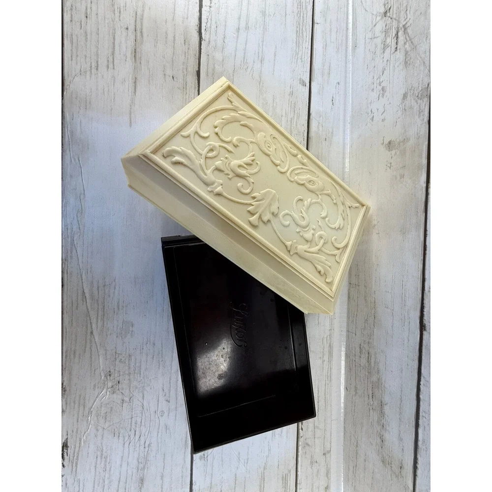 Vintage Luxor Trinket Box Cream Ornate Scroll Lid Brown‎ Base Mid Century Vanity
